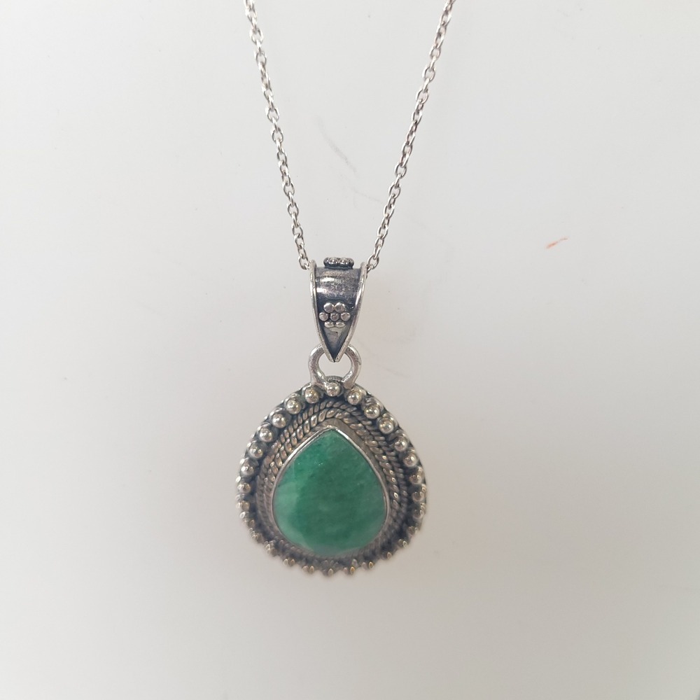 YS 925 Pendant Necklace Sterling Silver Emerald Beryl Teardrop Made in India